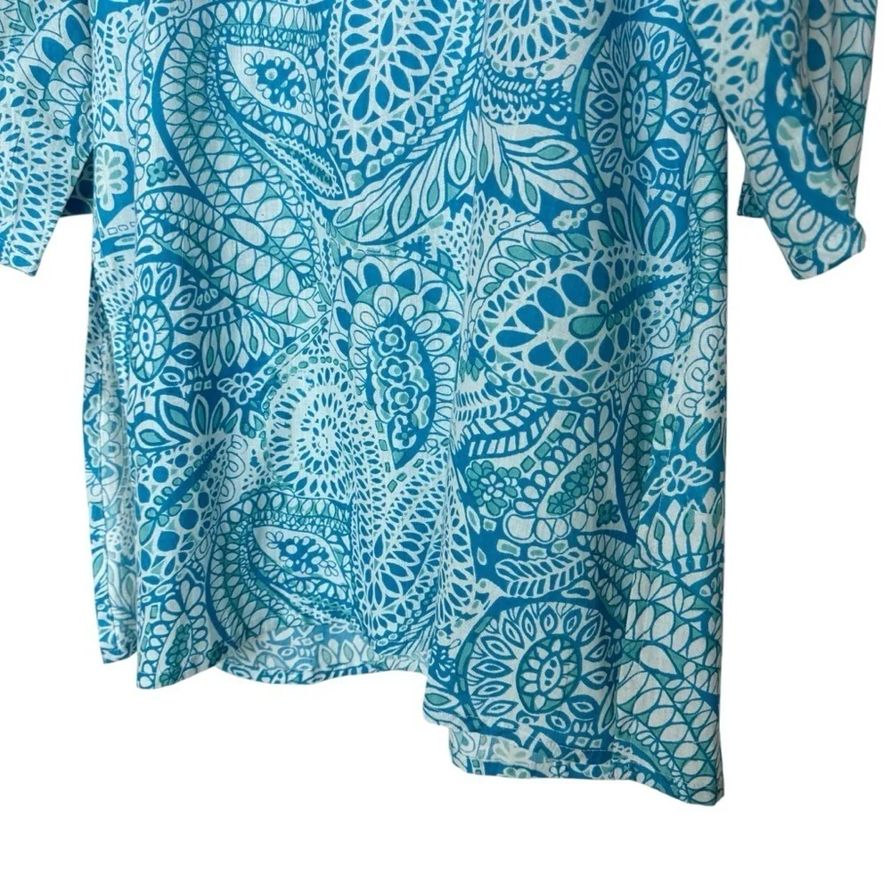 ANAYA Women's XL Blue Paisley Tunic Dress V-Neck Long Sleeve Casual Cotton Beach - Picture 4 of 12